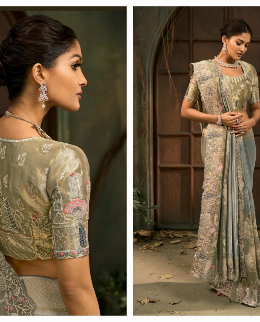 BLUE - Steel Grey and Sage Green Handwork Pure Silk Designer Saree